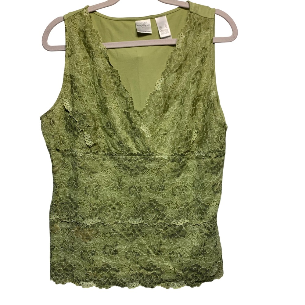 Emma James Lace Front Tank Top XL Y2K Green V-Neck Sleeveless Surplice Empire